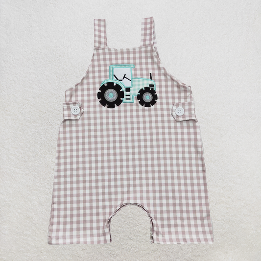 RTS NO MOQ Baby Boys Summer Bodysuit SR0631 Straps Tractor Khaki Chekered Summer Farm Rompers