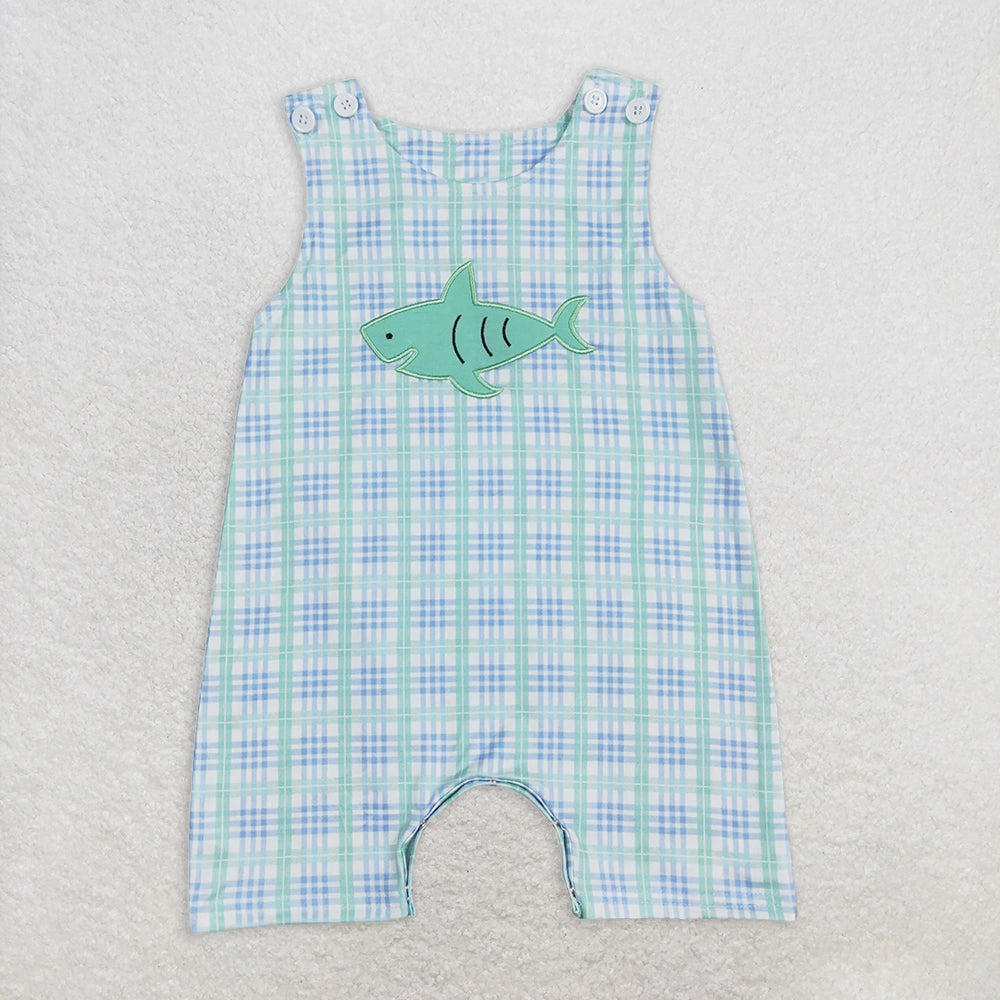 RTS NO MOQ Baby Boys Summer Bodysuit SR0651 Shark Blue Checkered Short Sleeve Rompers
