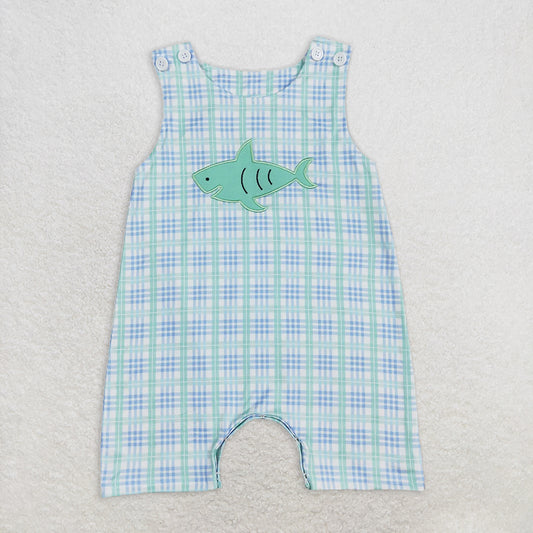 RTS NO MOQ Baby Boys Summer Bodysuit SR0651 Shark Blue Checkered Short Sleeve Rompers
