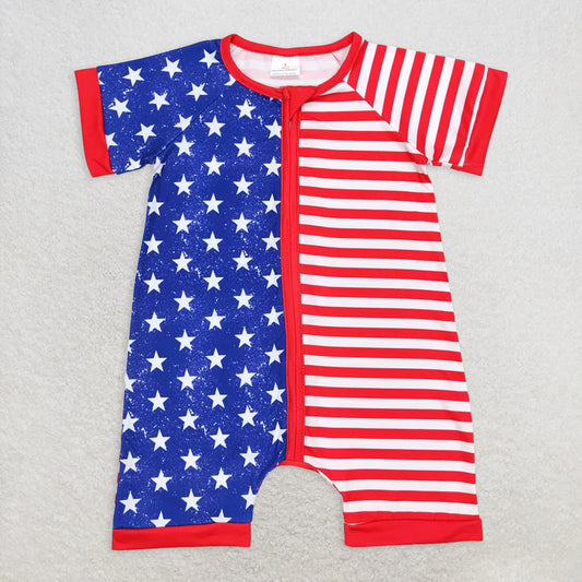 6.2 RTS NO MOQ Baby Boys Summer Bodysuit SR0673 4th Of July Star Red Stripes Short Sleeve Rompers