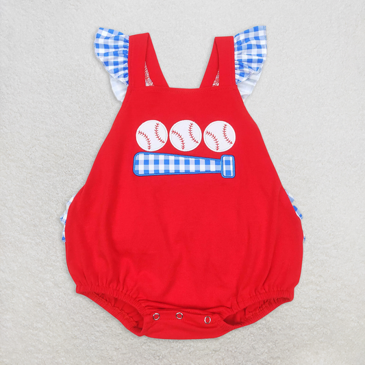RTS NO MOQ Baby Girls Summer Bodysuit SR0686 Red Baseball Straps Ruffle Rompers