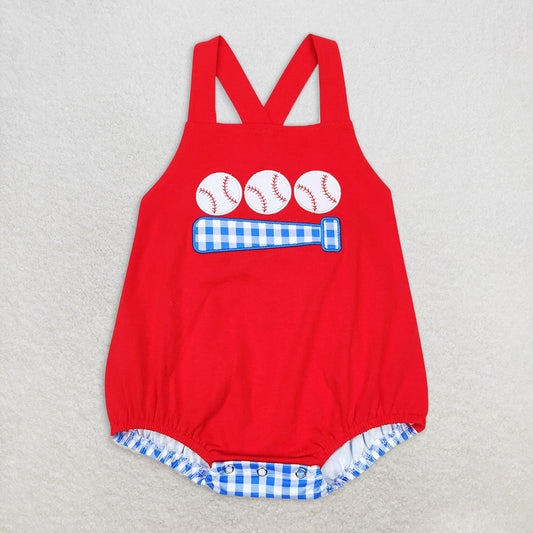 RTS NO MOQ Baby Girls Summer Bodysuit SR0687 Red Baseball Plaid Straps Rompers