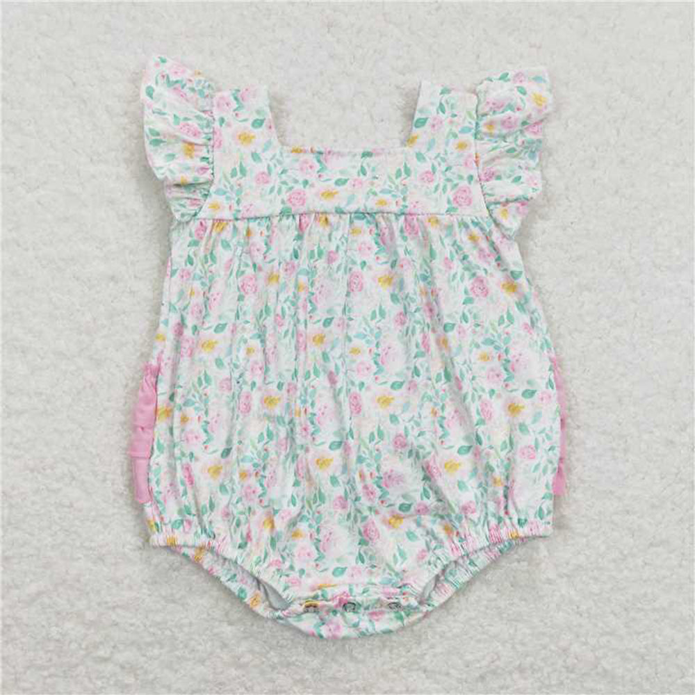 RTS NO MOQ Summer Sibling Baby Girls Pink Flowers Tops Ruffle Shorts Rompers Clothes Sets