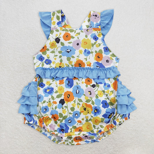 RTS NO MOQ Baby Girls Summer Bodysuit SR0824 Blue Small Flowers Flutter Sleeve Rompers