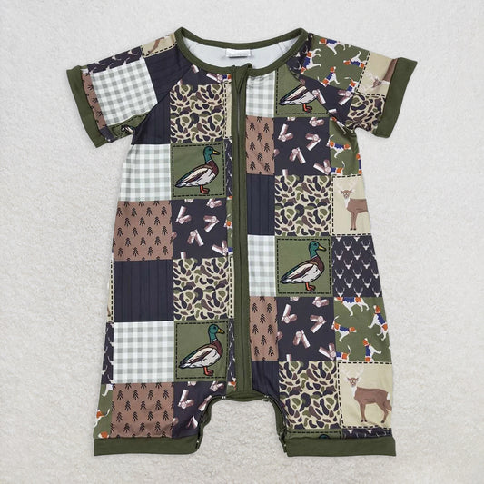5.29 RTS NO MOQ Baby Boys Summer Bodysuit SR0902 Hunting Deer Duck Short Sleeve Zip Rompers
