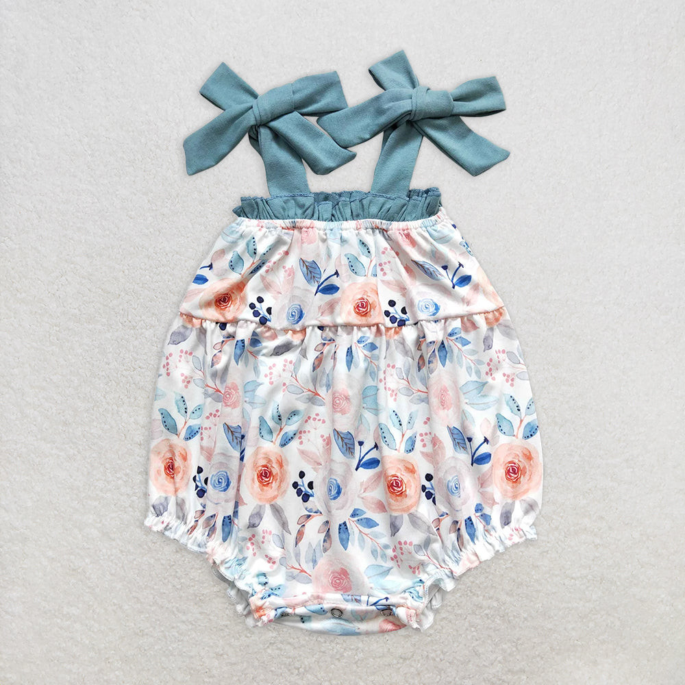 RTS NO MOQ Baby Girls Summer Bodysuit SR0907 Dark Blue Flowers Straps Rompers
