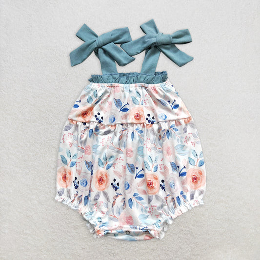 RTS NO MOQ Baby Girls Summer Bodysuit SR0907 Dark Blue Flowers Straps Rompers