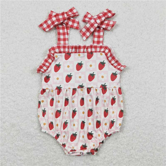 RTS NO MOQ  Baby Girls Summer Bodysuit SR0978 Strawberry Red Checkered Straps Summer Rompers