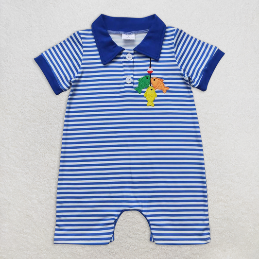 RTS NO MOQ Baby Boys Summer Bodysuit SR1045 Fishing Blue Stripes Short Sleeve Buttons Rompers