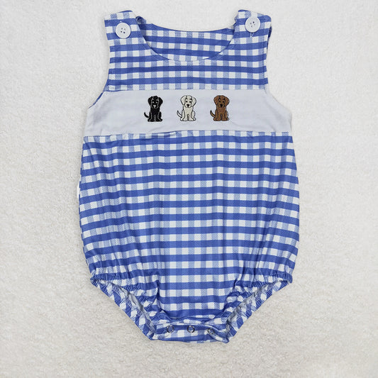 6.11 RTS NO MOQ Baby Boys Summer Bodysuit SR1048 Dogs Blue Checkered Sleeveless Rompers
