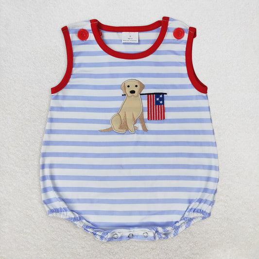RTS NO MOQ Baby Boys Summer Bodysuit SR1080 Blue Stripes Dog Flag Sleeveless Rompers