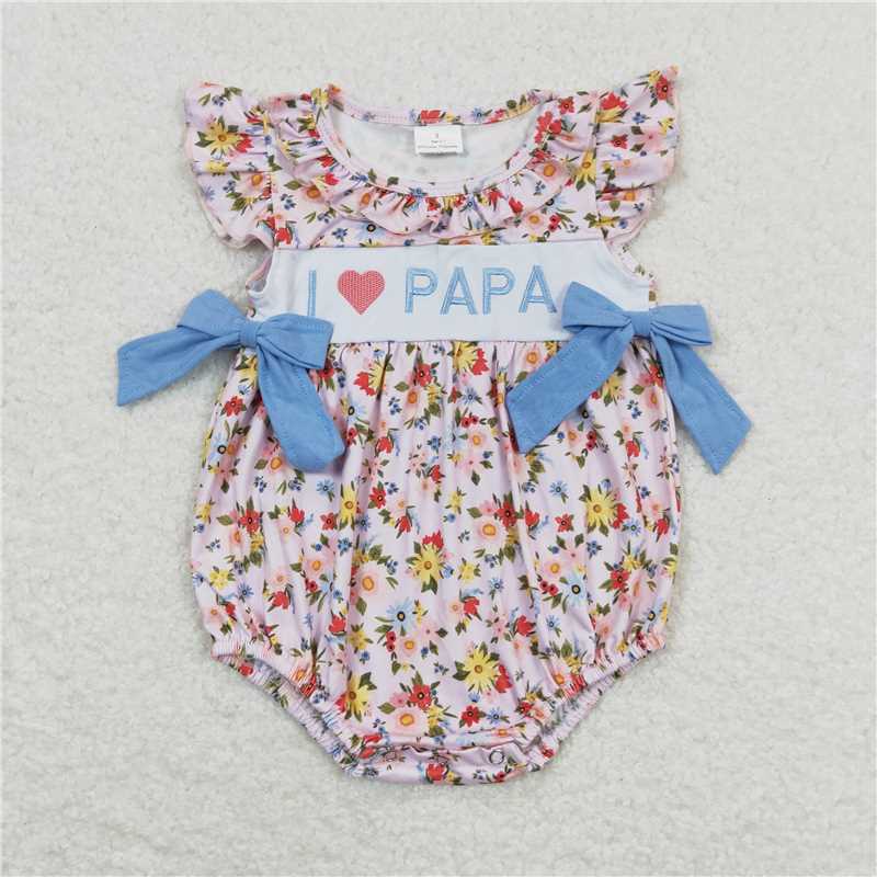 RTS NO MOQ Summer Sibling Baby Girls I Love Papa Floral Bows Rompers Dresses