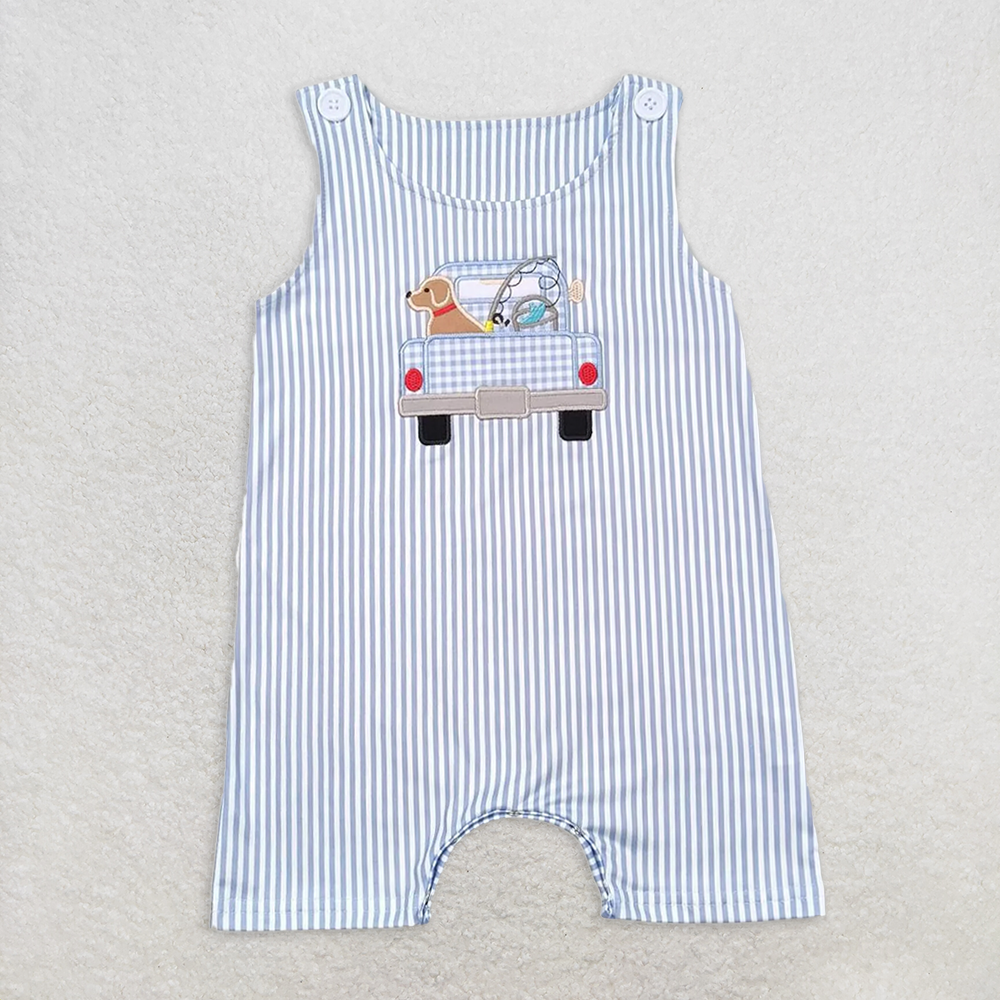 RTS NO MOQ Baby Boys Summer Bodysuit SR1170 Blue Stripes Dog Fishing Summer Sleeveless Rompers