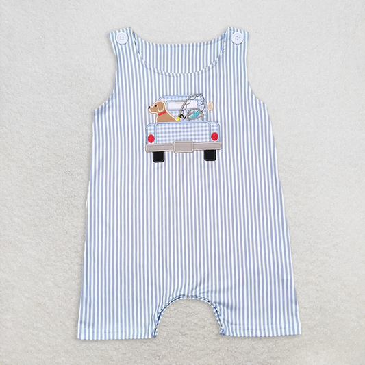 RTS NO MOQ Baby Boys Summer Bodysuit SR1170 Blue Stripes Dog Fishing Summer Sleeveless Rompers