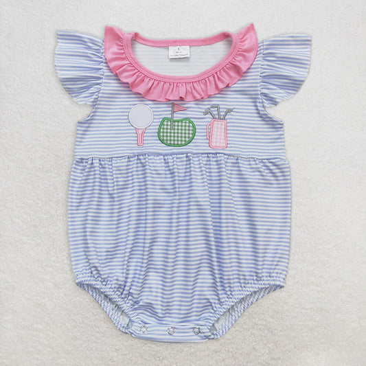 RTS NO MOQ Baby Girls Summer Bodysuit SR1215 Stripe Golf Blue Flutter Sleeve Rompers