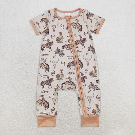 RTS NO MOQ Baby Boys Summer Bodysuit SR1220 Rodeo Cow Skull Summer Zip Rompers