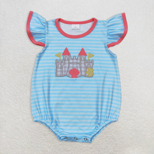 5.26 RTS NO MOQ Baby Girls Summer Bodysuit SR1317 Blue Stripes Castle Beach Rompers