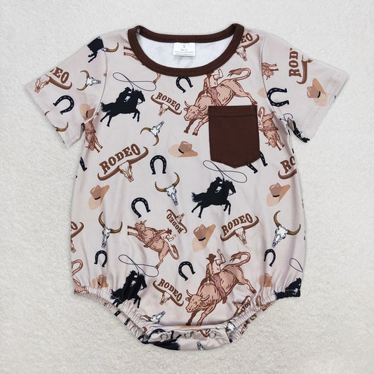 RTS NO MOQ Baby Boys Summer Bodysuit SR1358 Boys Pocket Rodeo Cows Western Rompers
