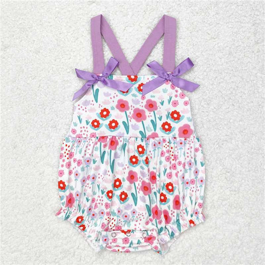 RTS NO MOQ Summer Sibling Baby Girls Purple Tulip Flowers Bows Rompers Tunic Shorts Clothes Sets
