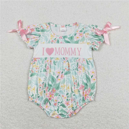 RTS NO MOQ Summer Sibling Baby Girls Pink Flowers I Love Mommy Rompers Dresses