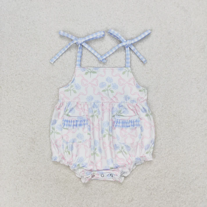 RTS NO MOQ Summer Sibling Baby Girls Bows Flowers Pockets Tunic Ruffle Shorts Clothes Sets Rompers