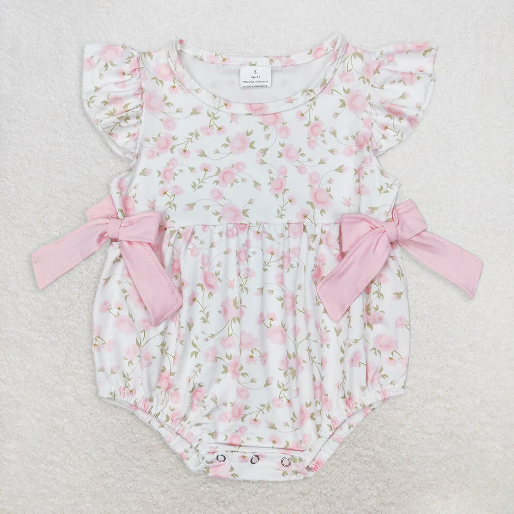 RTS NO MOQ Baby Girls Summer Bodysuit SR1765 Light Pink Flutter Sleeve Flowers Bows Rompers