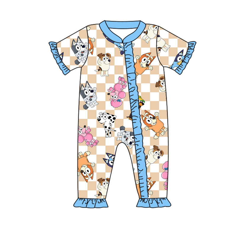 SR1835 blue dog ruffle short sleeve  summer kid jumpsuit rompers