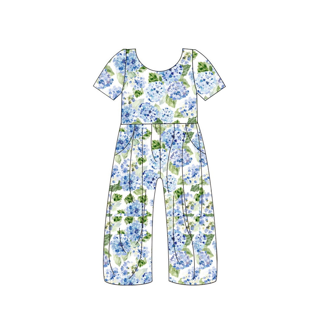 SR1846 Blue Short Sleeve Kids Girls Floral Jumpsuit