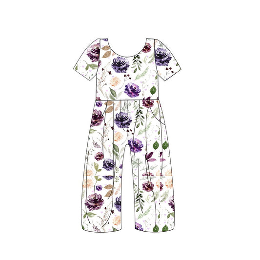 SR1848 Purple Short Sleeve Kids Girls Floral Jumpsuit