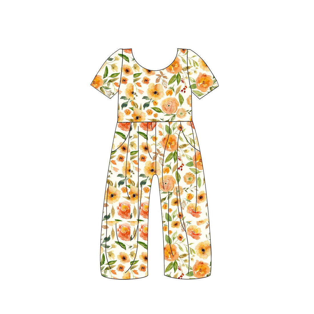 SR1849 Yellow Short Sleeve Kids Girls Floral Jumpsuit