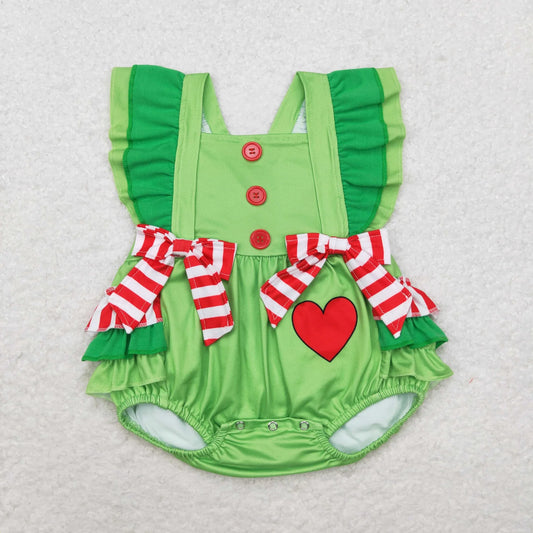 USA Shop RTS Baby Girls Infant Short Sleeves Christmas Bows Green Ruffle Romper