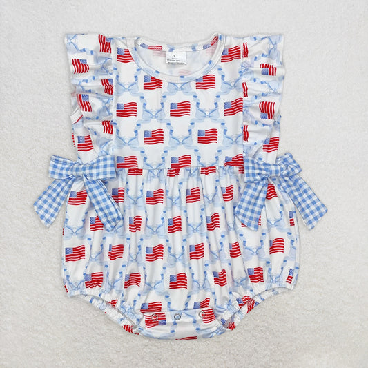 RTS NO MOQ Baby Girls Summer Bodysuit SR2353 Plaid Light Blue Bows Flag Bubbles 4th Of July Rompers