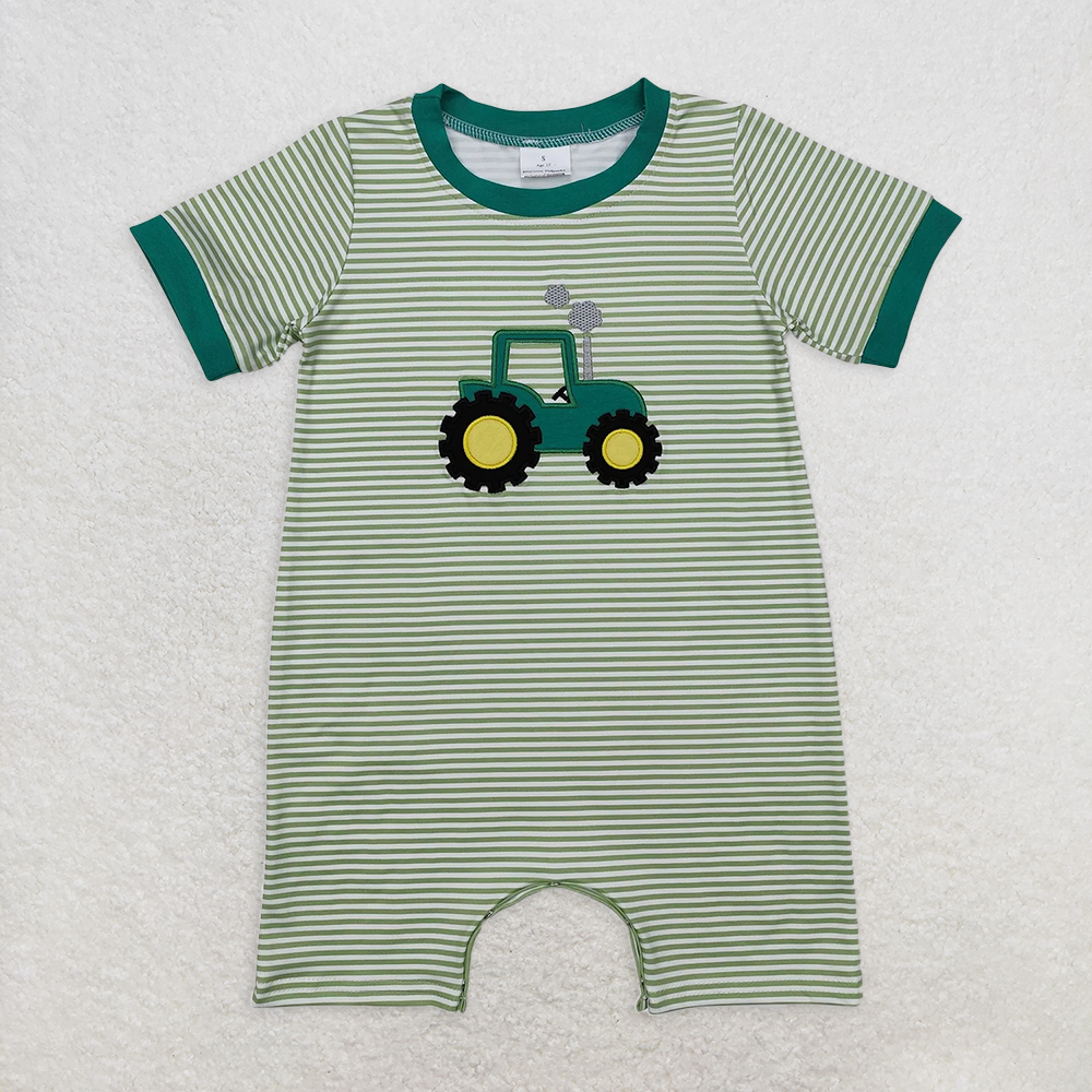 RTS NO MOQ Baby Boys Summer Bodysuit SR2431 Short Sleeves Green Tractor Farm Rompers