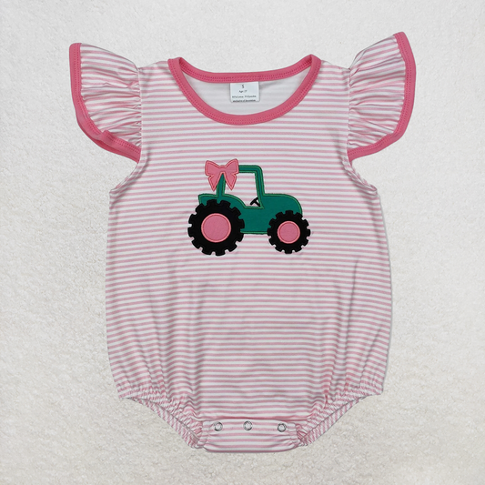RTS NO MOQ Baby Girls Summer Bodysuit SR2432 Flutter Sleeves Pink Stripe Tractor Bow Rompers
