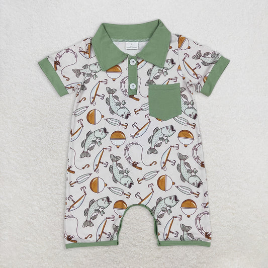 RTS NO MOQ Baby Boys Summer Bodysuit SR2472 Fishing Pocket Short Sleeve Rompers