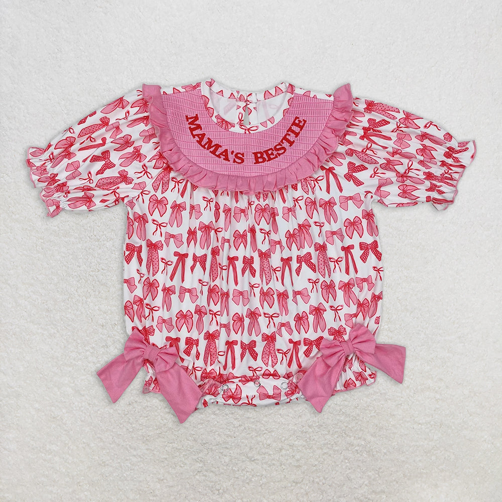 RTS NO MOQ Baby Girls Summer Bodysuit SR2620 Pink Bows Mama's Bestie Smocked Rompers