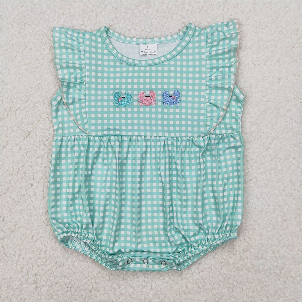 RTS NO MOQ Embroidery  Baby Girls Summer Bodysuit SR2659 Green Checkered Crabs Rompers