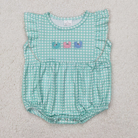 RTS NO MOQ Embroidery  Baby Girls Summer Bodysuit SR2659 Green Checkered Crabs Rompers