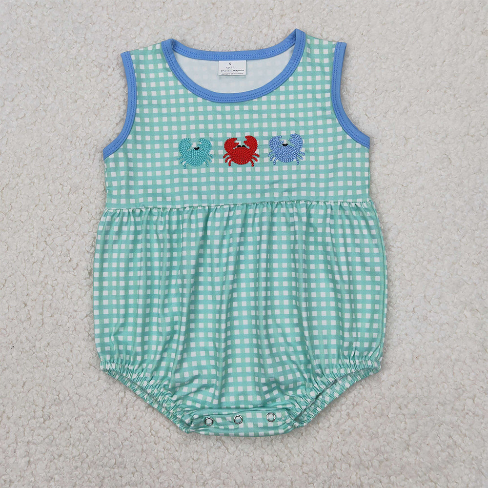 RTS NO MOQ  Baby Girls Summer Bodysuit SR2660 Green Checkered Crabs Rompers