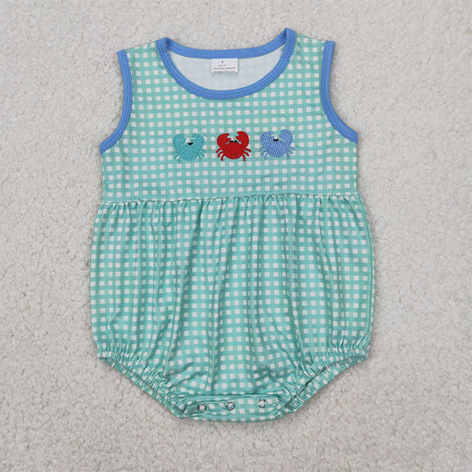 RTS NO MOQ  Baby Girls Summer Bodysuit SR2660 Green Checkered Crabs Rompers