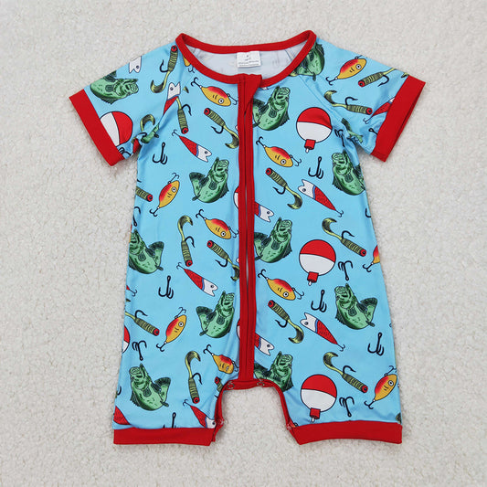 RTS NO MOQ Baby Boys Summer Bodysuit SR2707 Blue Fishing Float Zip Rompers