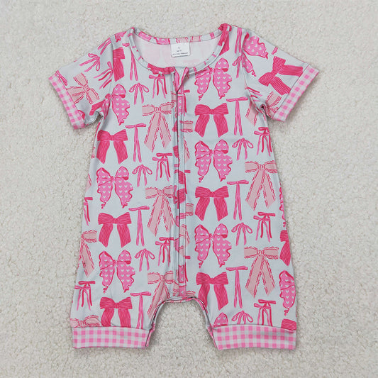 RTS NO MOQ Baby Girls Summer Bodysuit SR2771 Pink Bows Zip Short Sleeve Rompers