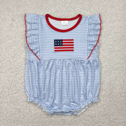 RTS NO MOQ Baby Girls Summer Bodysuit SR2817 Embroidery Blue Checkered Flag 4th of July Rompers