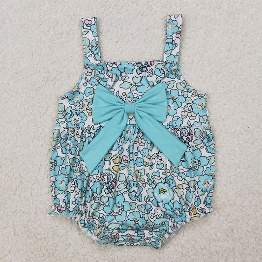 RTS NO MOQ  Baby Girls Summer Bodysuit SR2829 Blue Flowers Big Bow Rompers