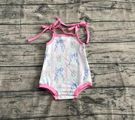 4.21 SR2858 Baby Infant Girls Blue Bows Flowers Straps Rompers pre order
