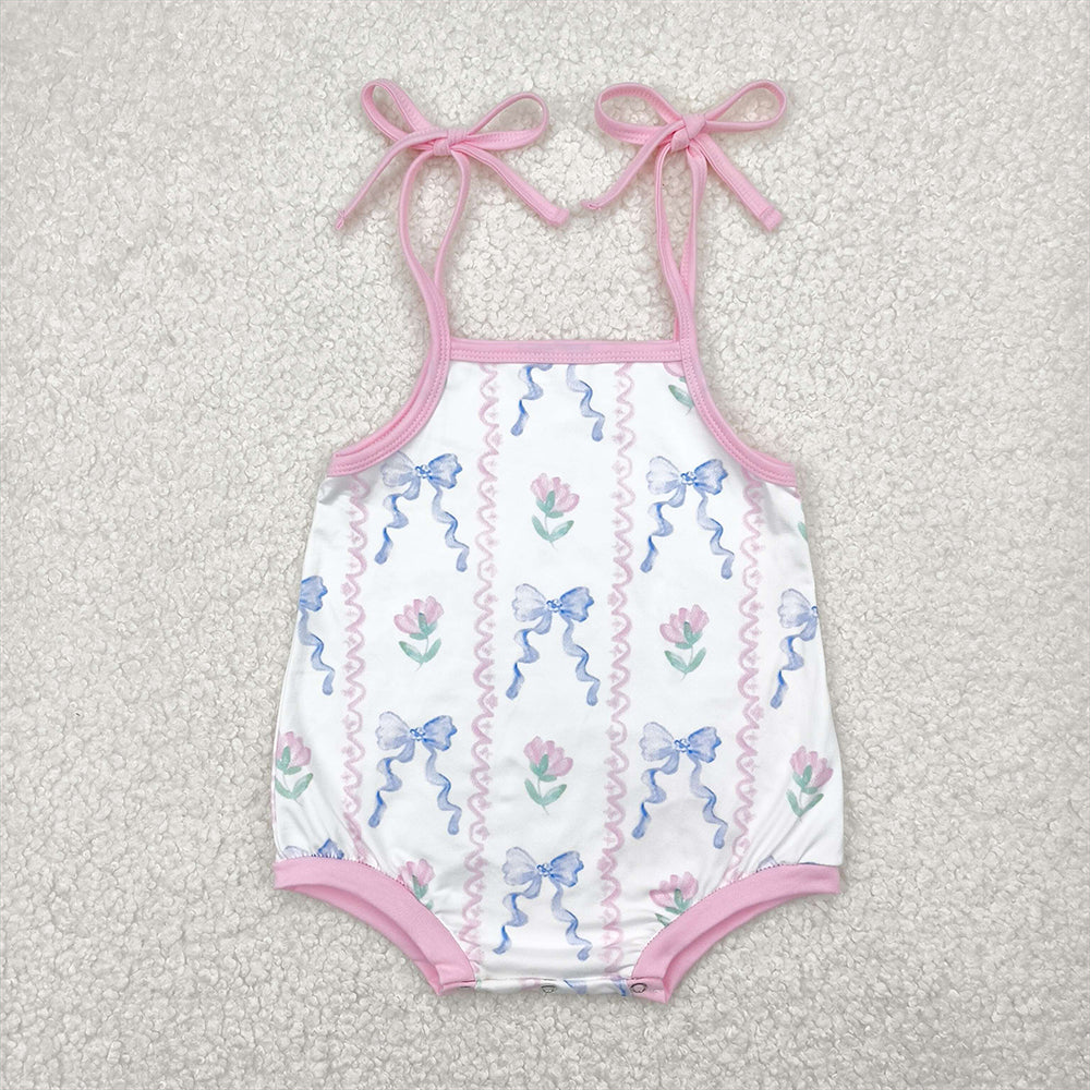 RTS NO MOQ Baby Girls Summer Bodysuit SR2858 Pink Straps Floral Blue Bows Rompers