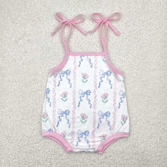 RTS NO MOQ Baby Girls Summer Bodysuit SR2858 Pink Straps Floral Blue Bows Rompers