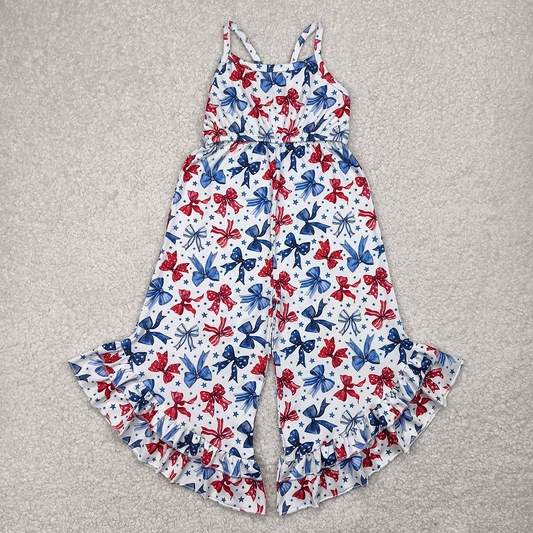 RTS NO MOQ Summer Baby Girls Bodysuit SR2865 Straps Stars Blue Red Bows 4th Of July Jumpsuits