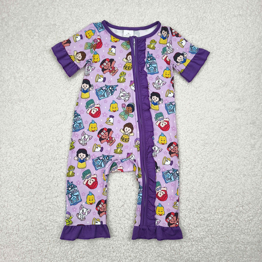 RTS NO MOQ Baby Girls Summer Bodysuit SR2870 Short Sleeve Purple Ruffle Princess Zip Rompers