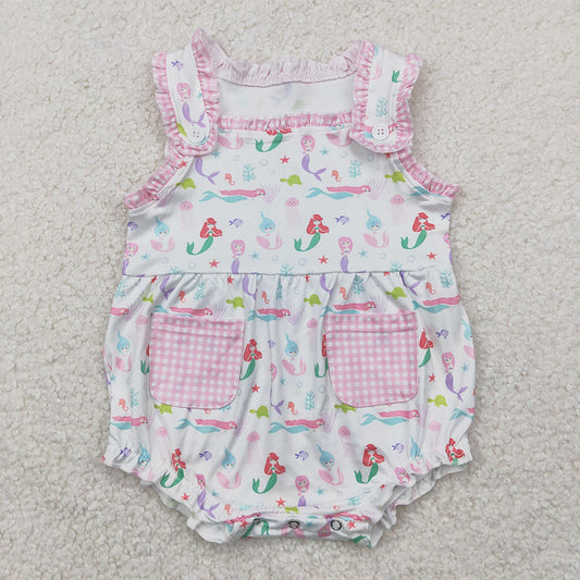 RTS NO MOQ Baby Girls Summer Bodysuit SR2880 Sleeveless Plaid Pockets Octopus Fish Turtle Straps Rompers